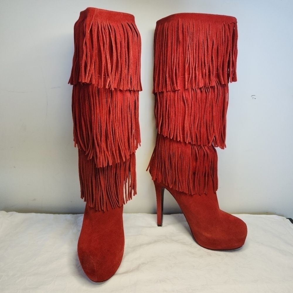 Fringe Stiletti Red Leather Platform Boots
